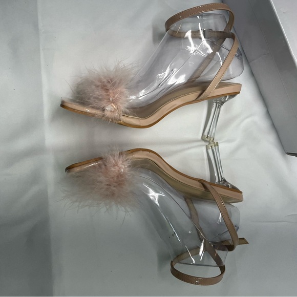 PINK FEATHERED HEELS WOMEN 7.5-8 39 PINK/BEIGE STRAPPY TRANSPARENT HEEL ELEGANT - Picture 6 of 14